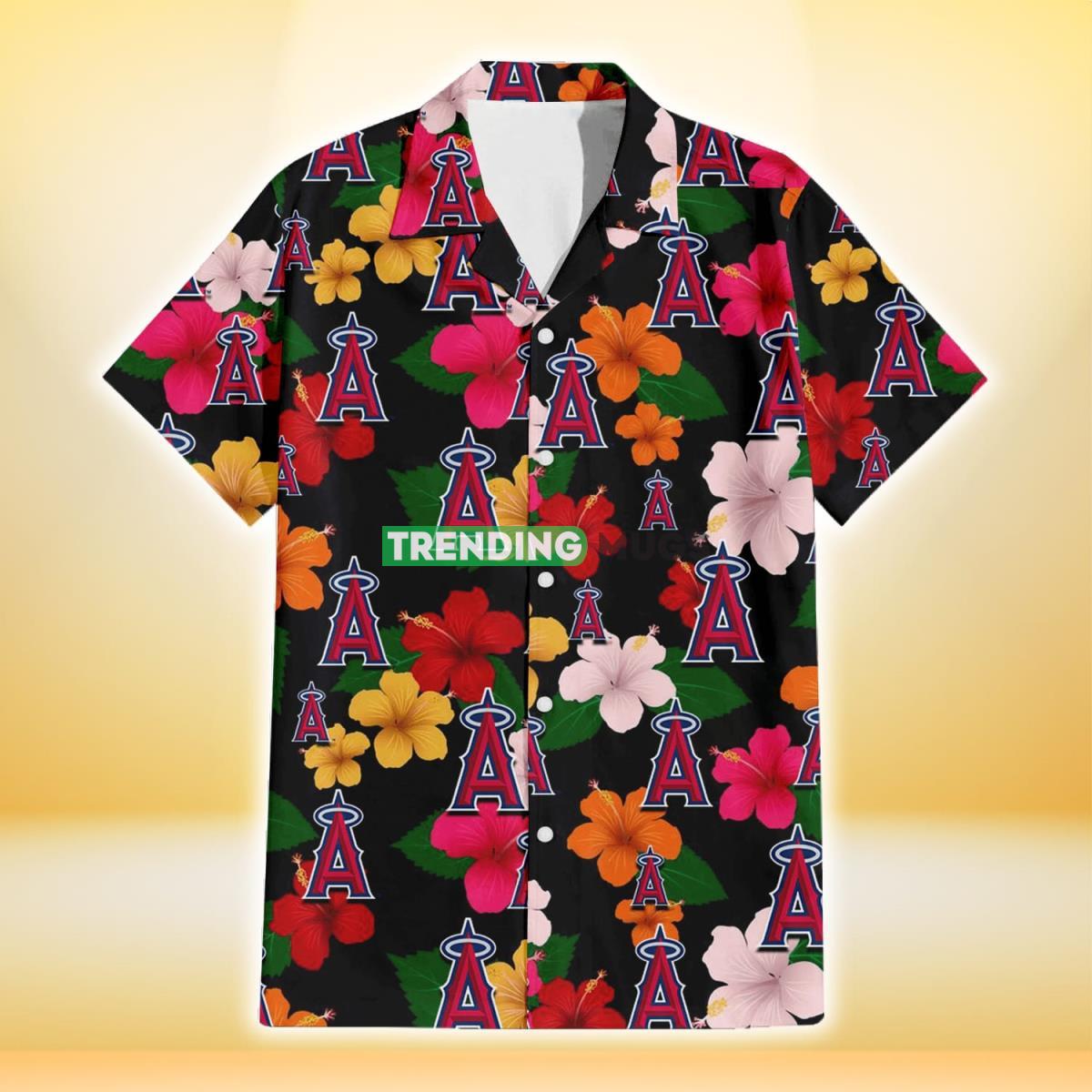 Los Angeles Angels Pink Orange Yellow White Hibiscus Black Background 3D Hawaiian Shirt Hawaiian Shirt Los Angeles Angels Pink Orange Yellow White Hibiscus Black Background 3D Hawaiian Shirt Hawaiian Shirt