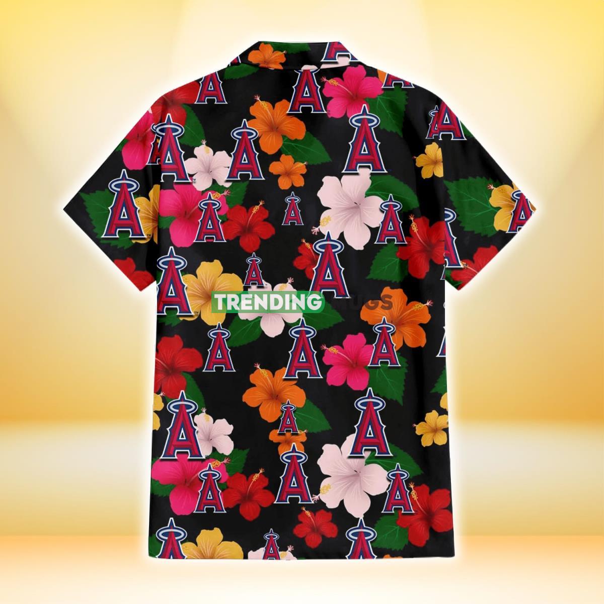 Los Angeles Angels Pink Orange Yellow White Hibiscus Black Background 3D Hawaiian Shirt Hawaiian Shirt Los Angeles Angels Pink Orange Yellow White Hibiscus Black Background 3D Hawaiian Shirt Hawaiian Shirt