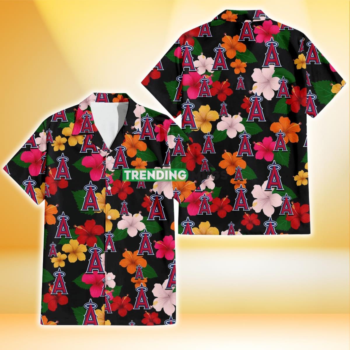 Los Angeles Angels Pink Orange Yellow White Hibiscus Black Background 3D Hawaiian Shirt Product Photo 1