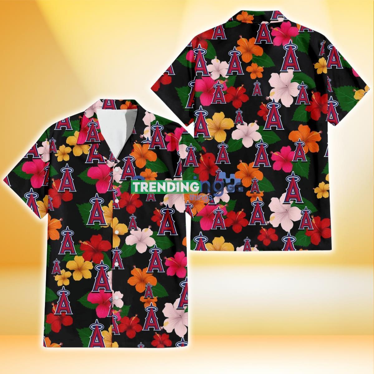 Los Angeles Angels Pink Orange Yellow White Hibiscus Black Pattern Hawaiian Shirt Product Photo 1