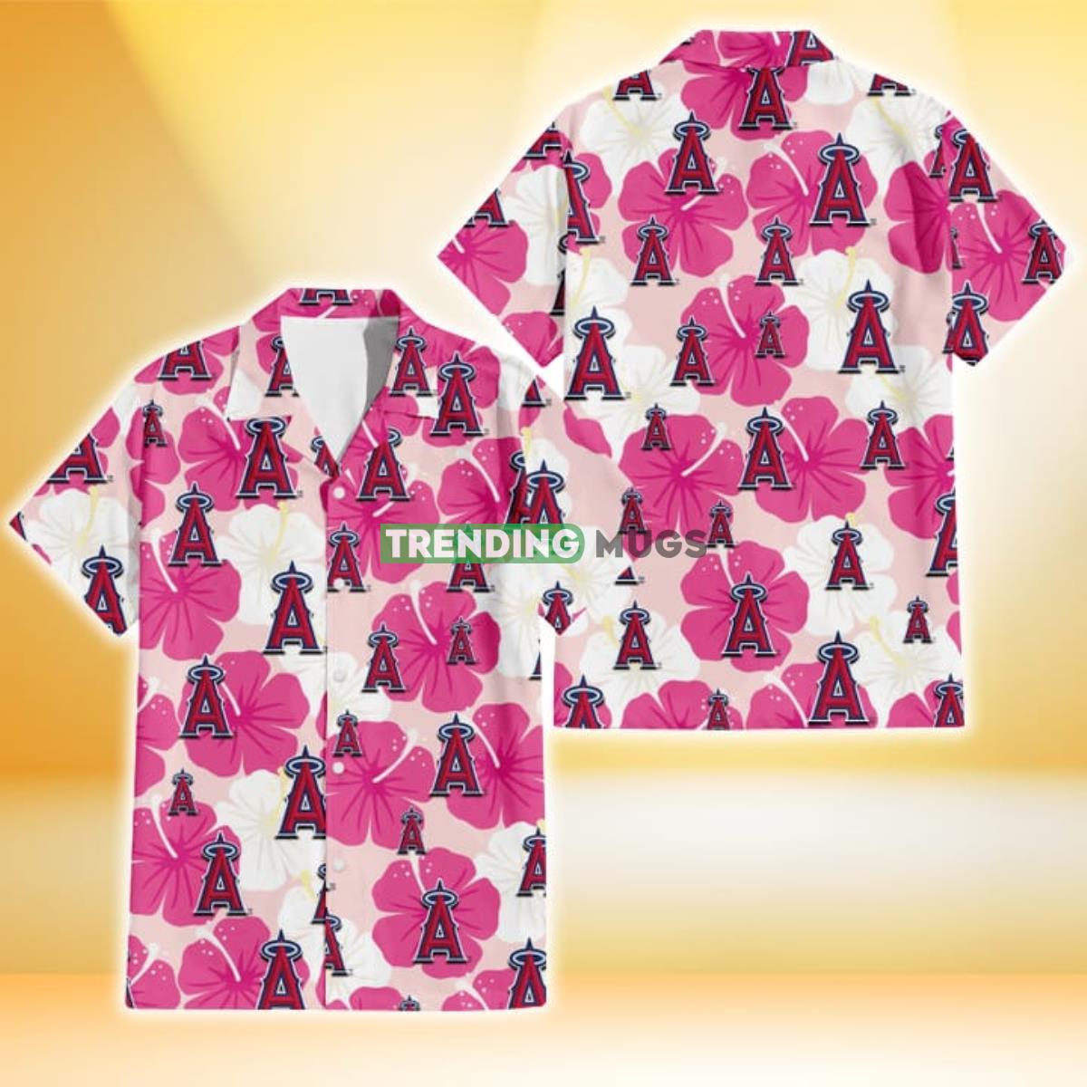 Los Angeles Angels Pink White Hibiscus Misty Rose Background 3D Hawaiian Shirt Product Photo 1
