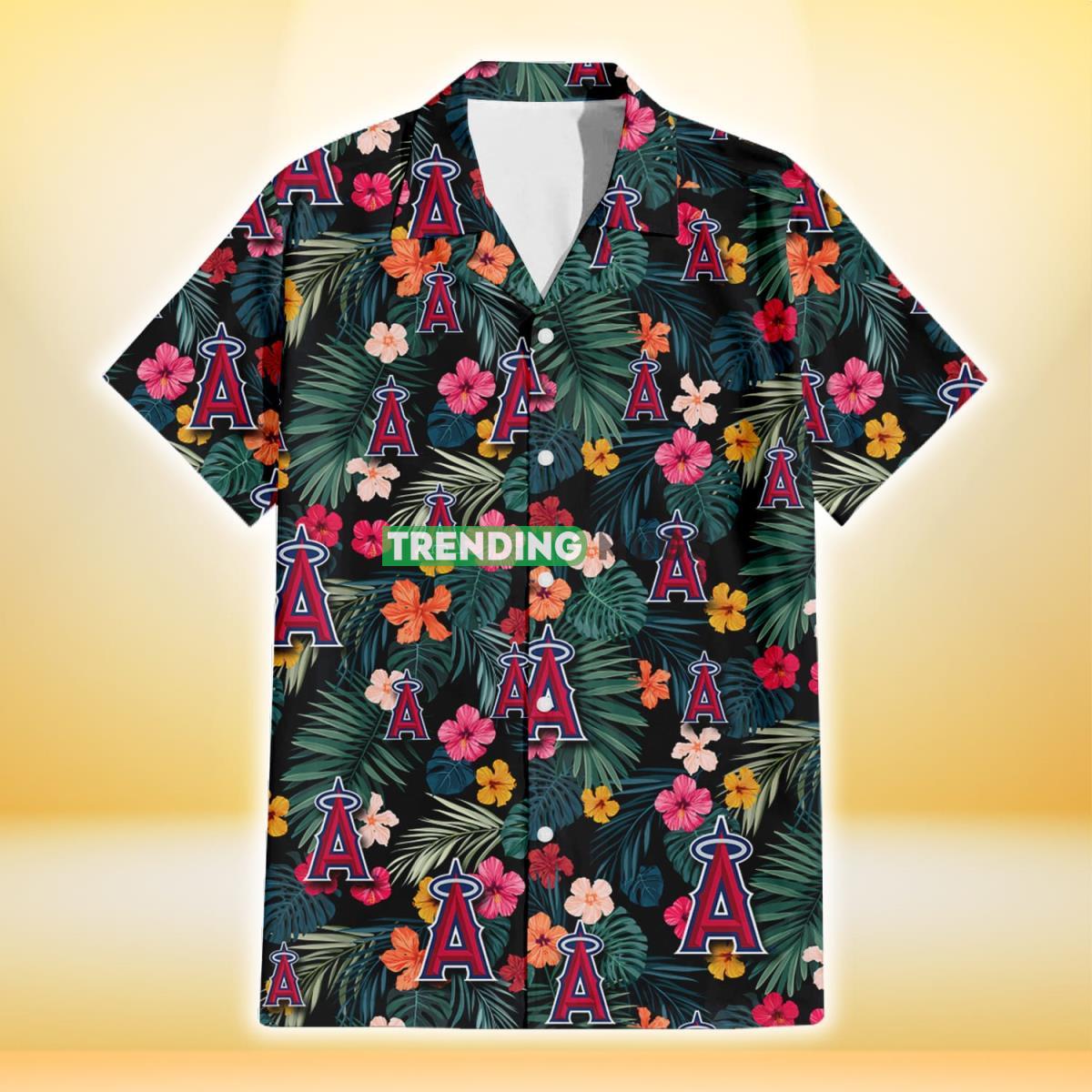 Los Angeles Angels Pink Yellow Orange Hibiscus Big Tropical Leaf Black Background 3D Hawaiian Shirt Hawaiian Shirt Los Angeles Angels Pink Yellow Orange Hibiscus Big Tropical Leaf Black Background 3D Hawaiian Shirt Hawaiian Shirt