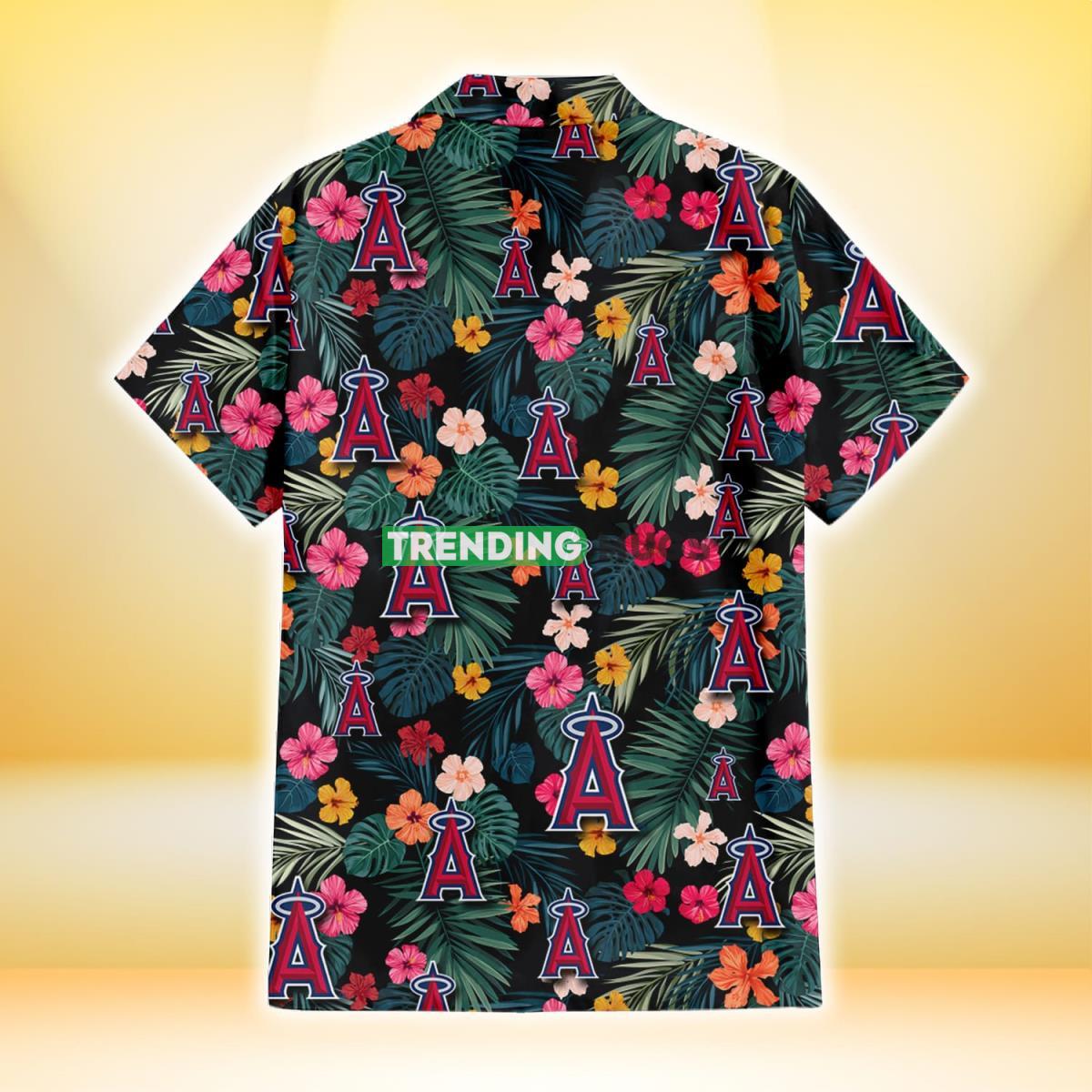 Los Angeles Angels Pink Yellow Orange Hibiscus Big Tropical Leaf Black Background 3D Hawaiian Shirt Hawaiian Shirt Los Angeles Angels Pink Yellow Orange Hibiscus Big Tropical Leaf Black Background 3D Hawaiian Shirt Hawaiian Shirt