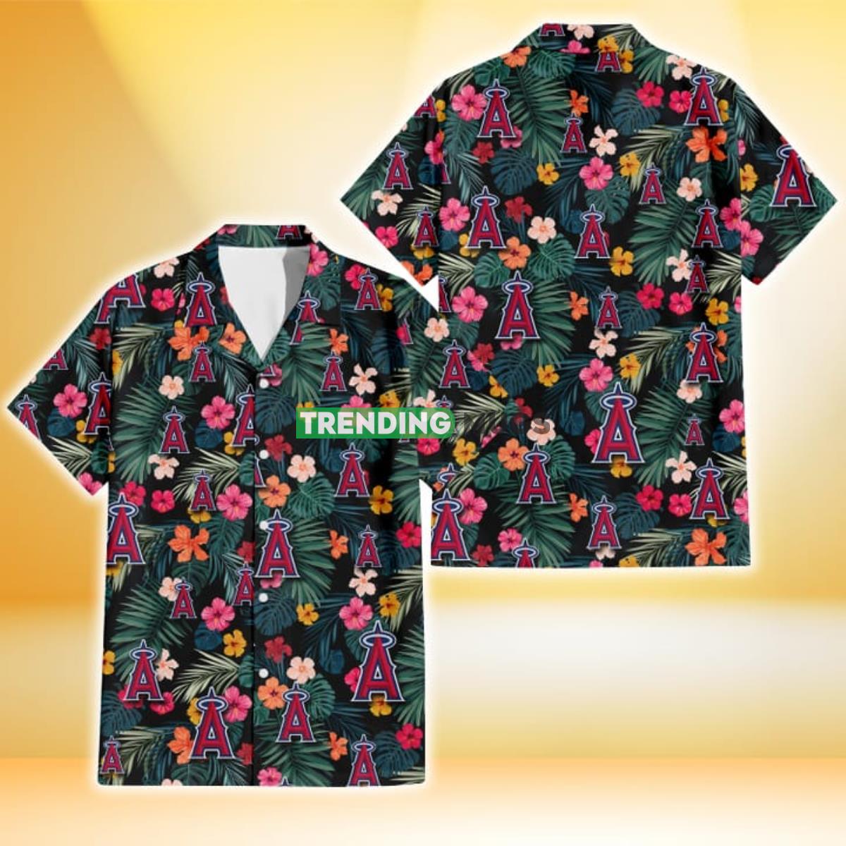 Los Angeles Angels Pink Yellow Orange Hibiscus Big Tropical Leaf Black Background 3D Hawaiian Shirt Product Photo 1