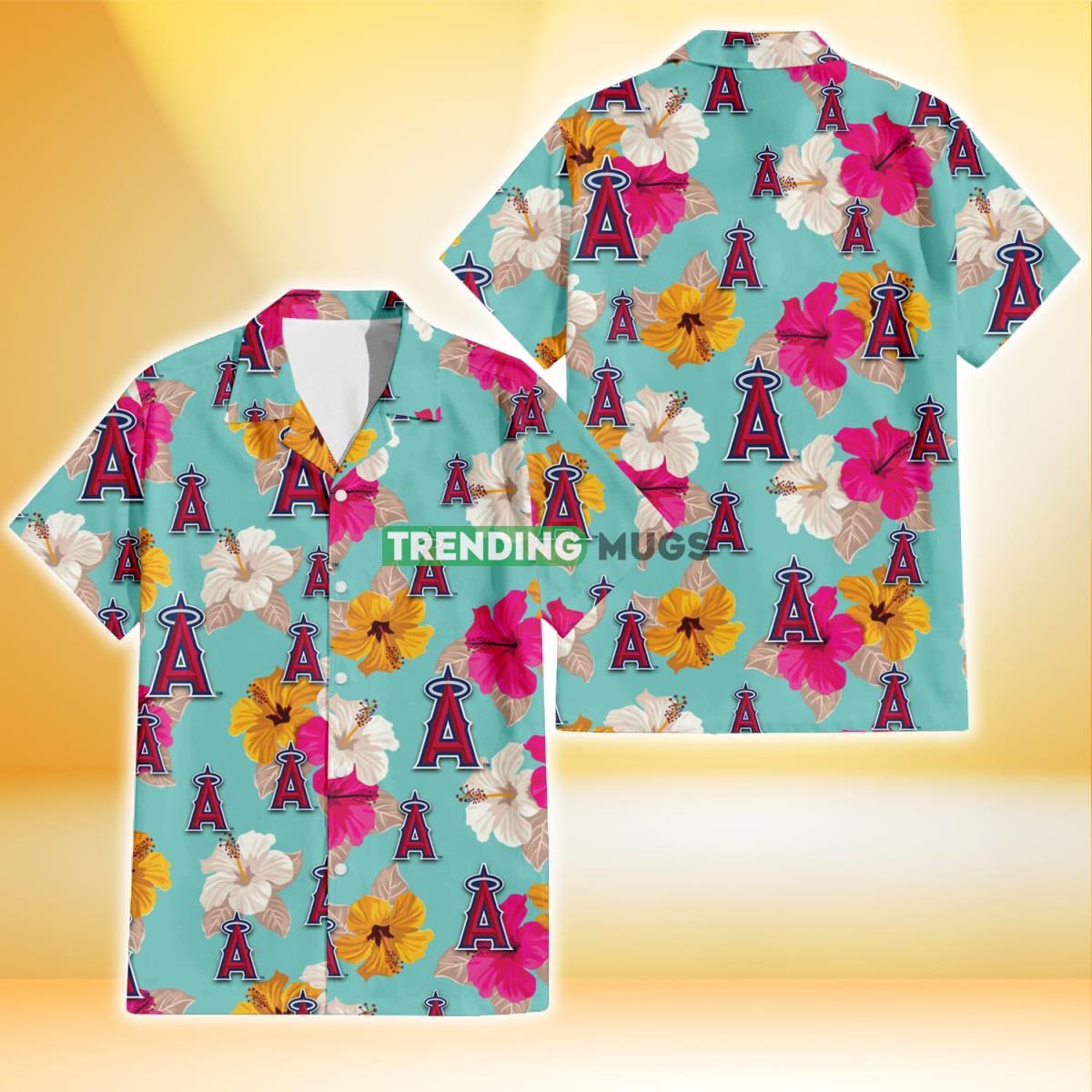 Los Angeles Angels Pink Yellow White Hibiscus Turquoise Background 3D Hawaiian Shirt Product Photo 1