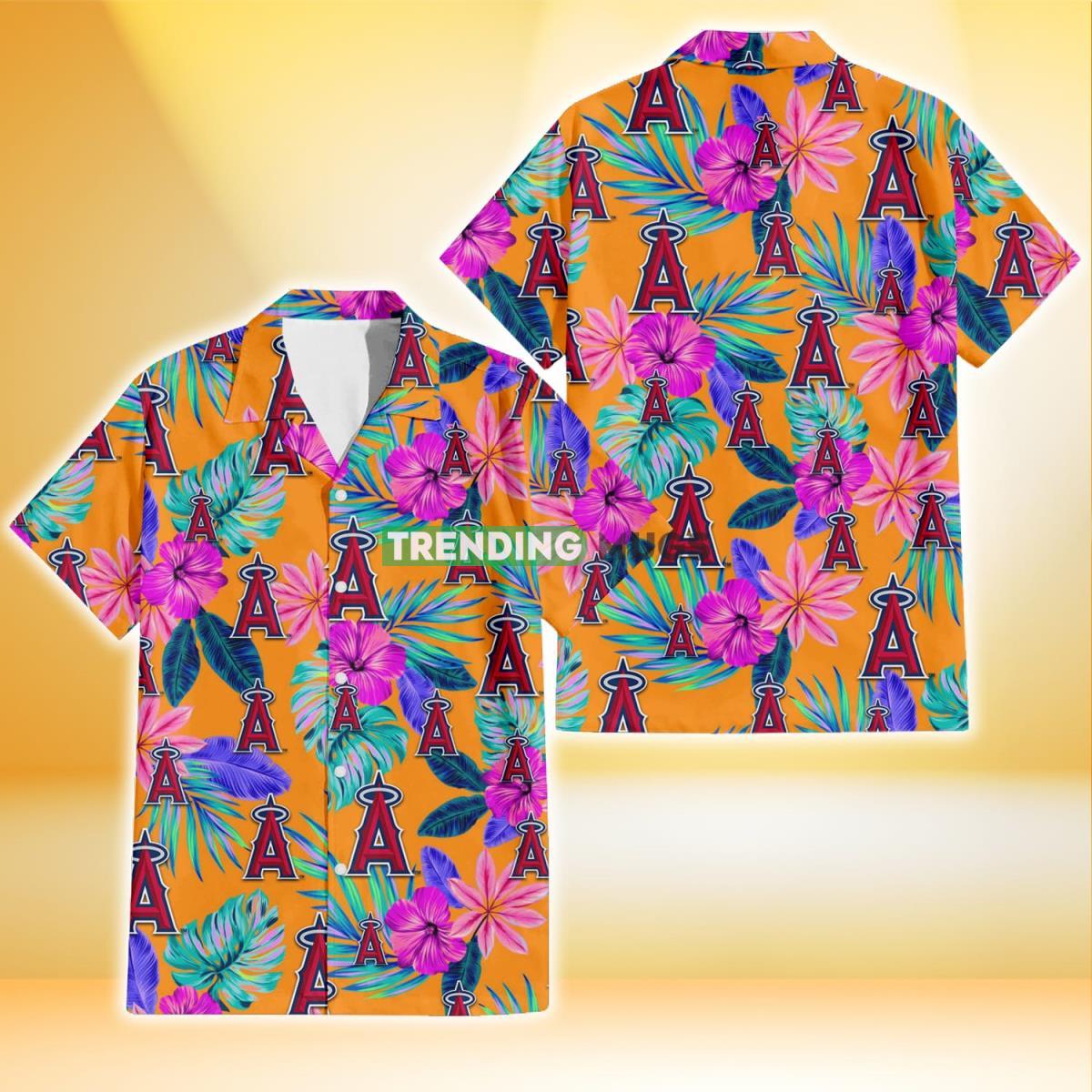 Los Angeles Angels Purple Hibiscus Neon Leaf Orange Background 3D Hawaiian Shirt Product Photo 1