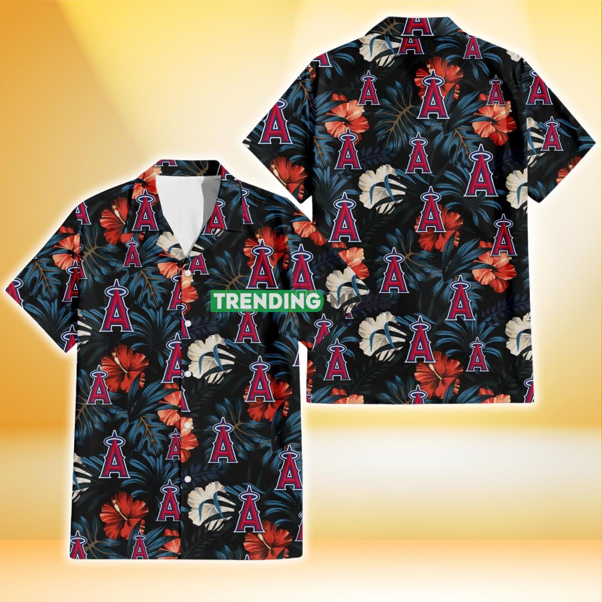 Los Angeles Angels Red And White Hibiscus Dark Leaf Black Background 3D Hawaiian Shirt Product Photo 1