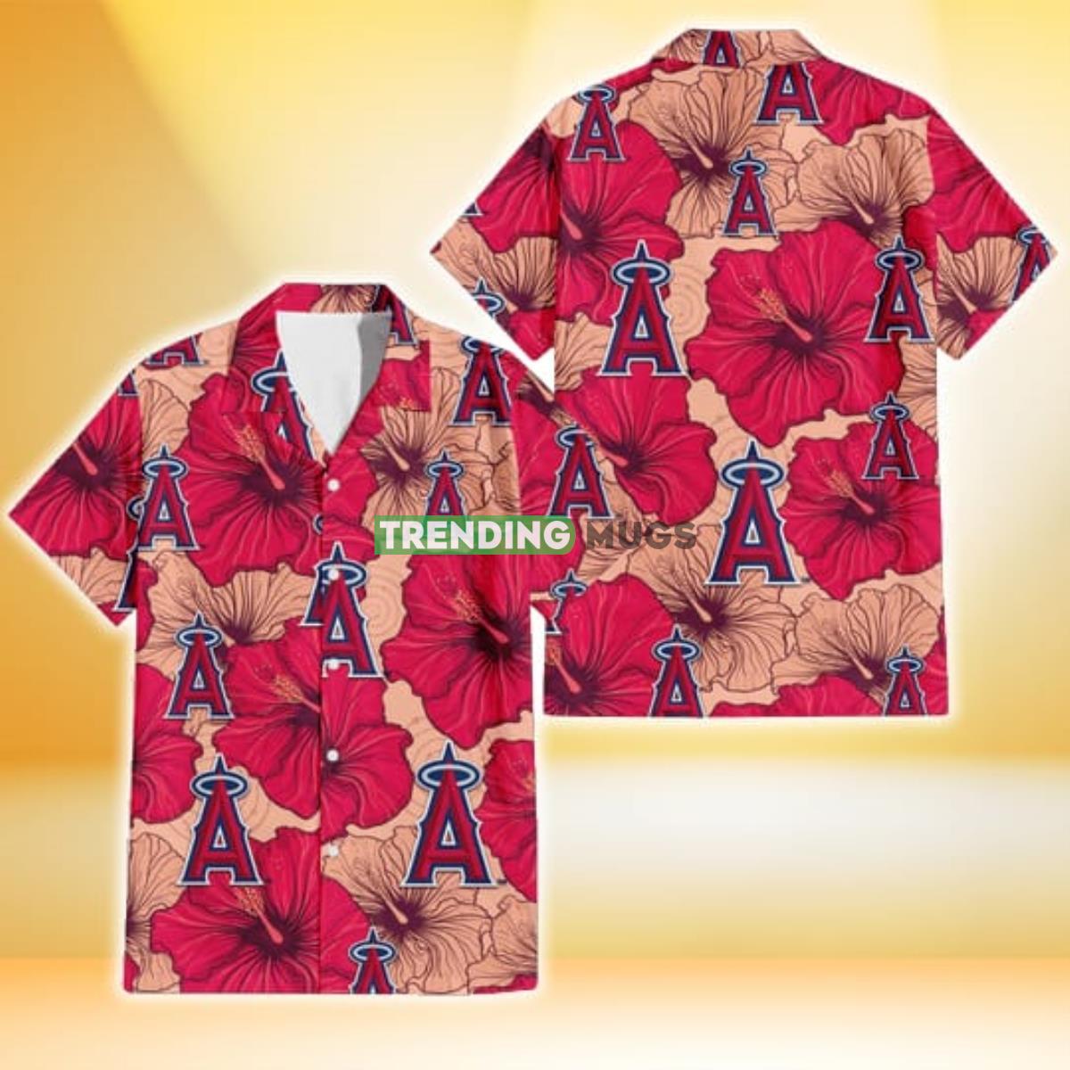 Los Angeles Angels Red Beige Hibiscus Beige Background 3D Hawaiian Shirt Product Photo 1
