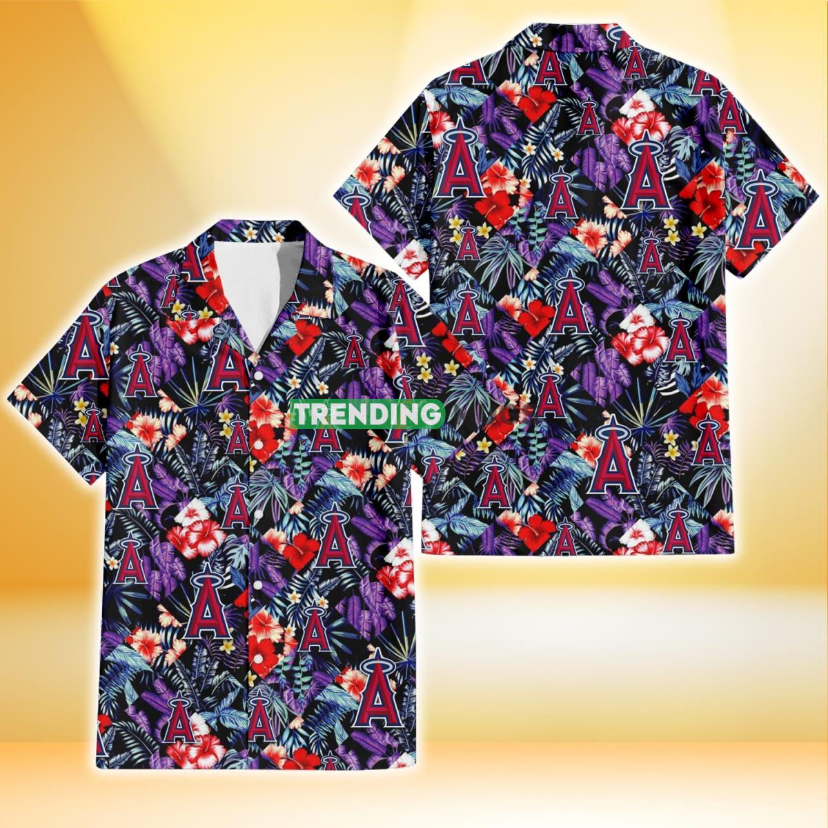 Los Angeles Angels Red Hibiscus Caro Black Background 3D Hawaiian Shirt Product Photo 1