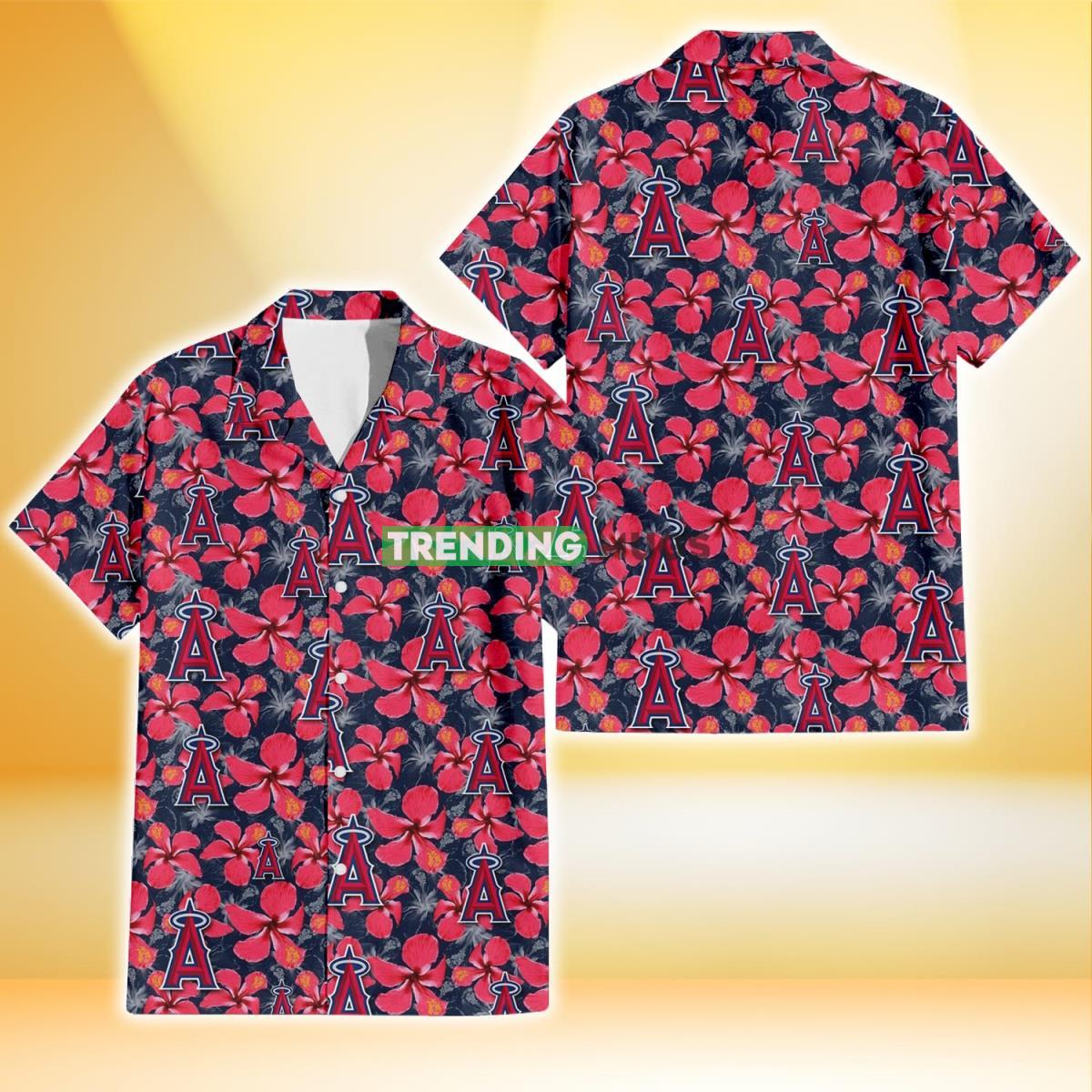 Los Angeles Angels Red Hibiscus Dark Gray Background 3D Hawaiian Shirt Product Photo 1 Los Angeles Angels Red Hibiscus Dark Gray Background 3D Hawaiian Shirt Product Photo 1