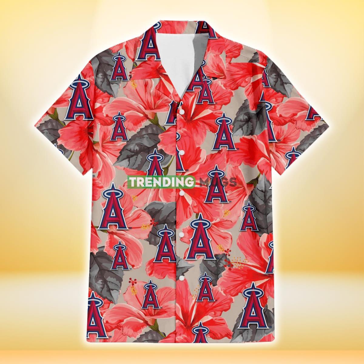 Los Angeles Angels Red Hibiscus Gray Leaf Beige Background 3D Hawaiian Shirt Hawaiian Shirt Los Angeles Angels Red Hibiscus Gray Leaf Beige Background 3D Hawaiian Shirt Hawaiian Shirt