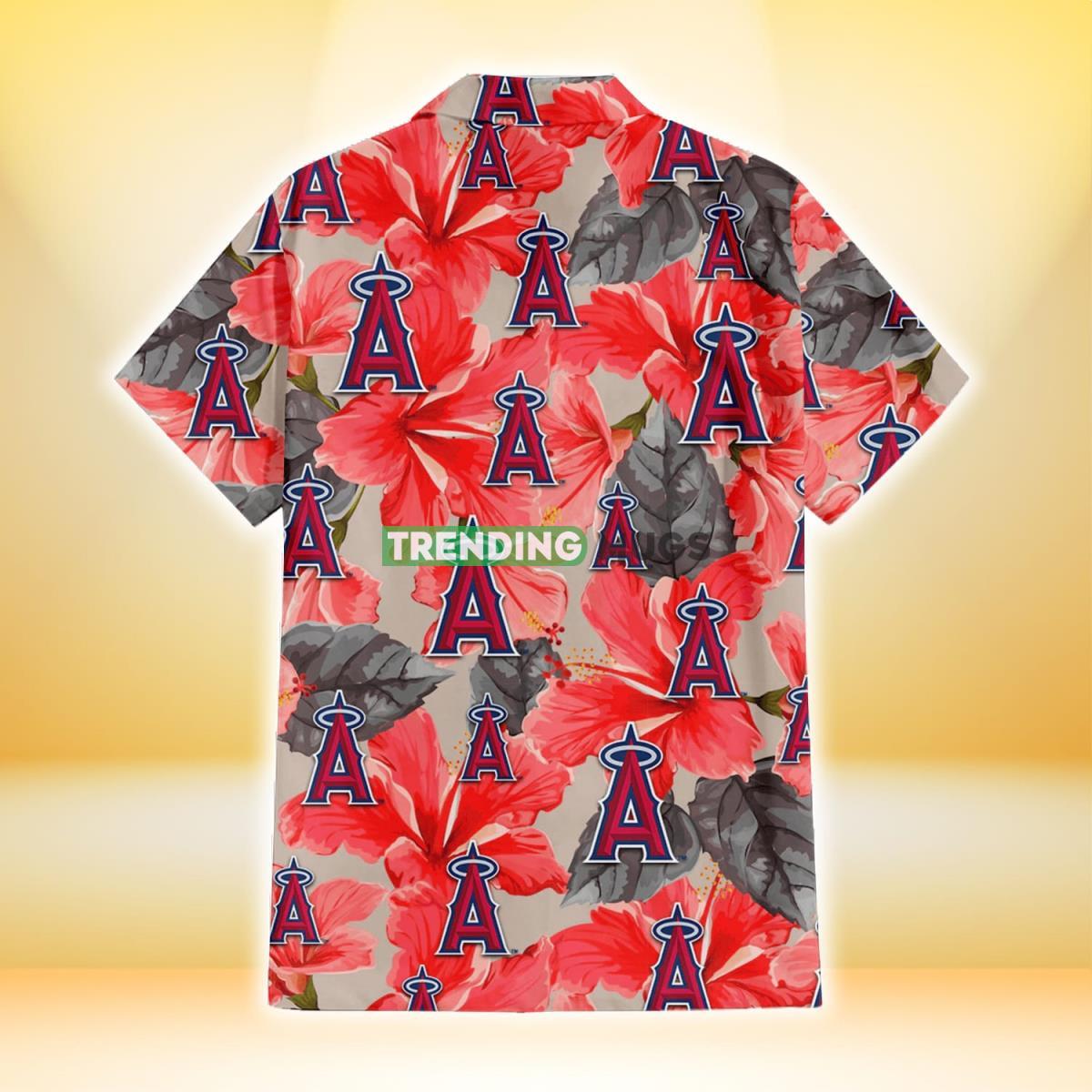 Los Angeles Angels Red Hibiscus Gray Leaf Beige Background 3D Hawaiian Shirt Hawaiian Shirt Los Angeles Angels Red Hibiscus Gray Leaf Beige Background 3D Hawaiian Shirt Hawaiian Shirt