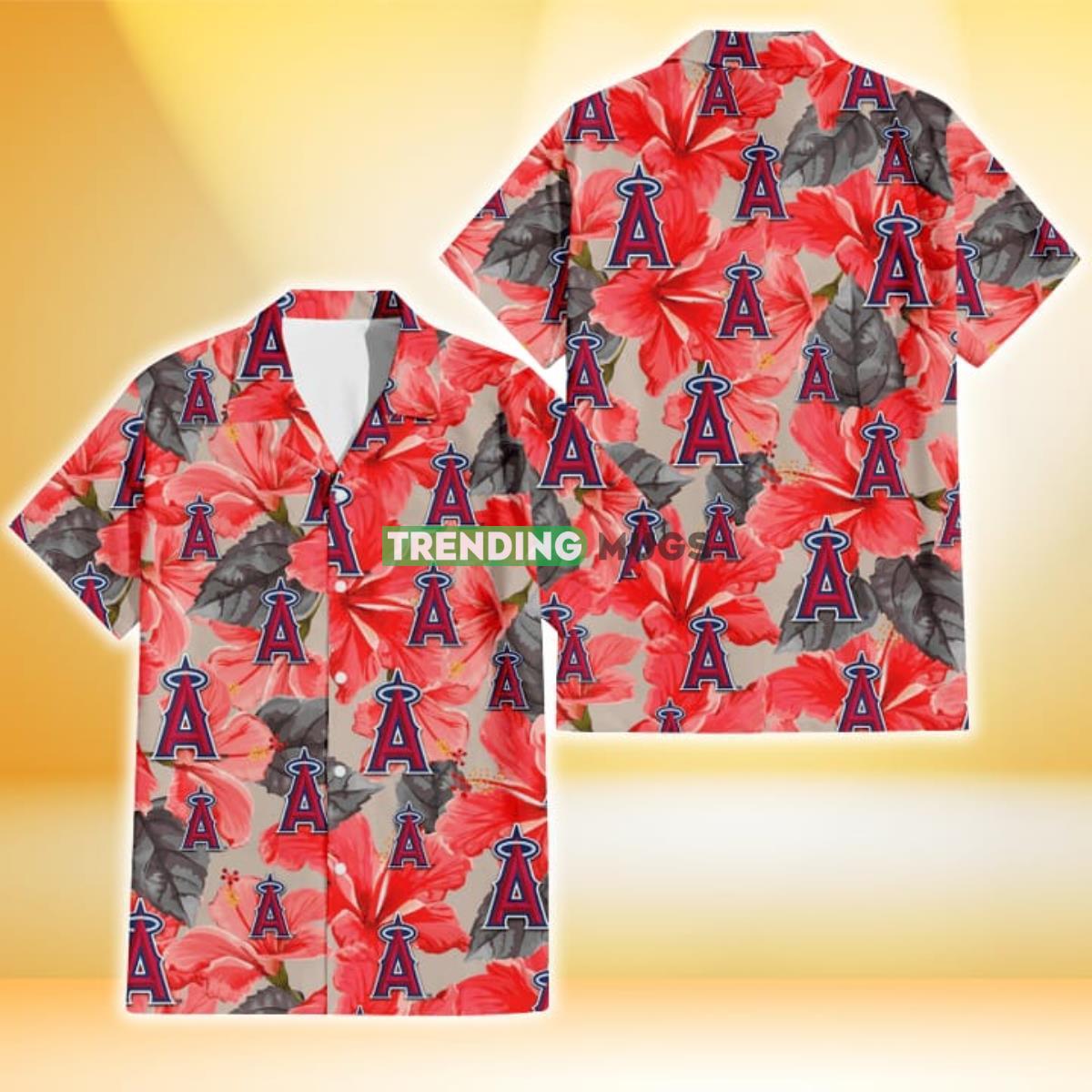 Los Angeles Angels Red Hibiscus Gray Leaf Beige Background 3D Hawaiian Shirt Product Photo 1
