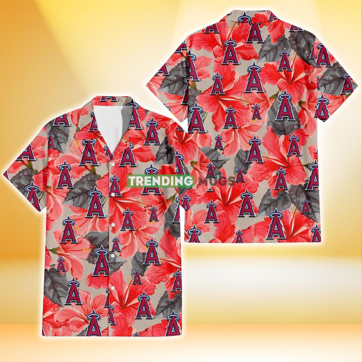 Los Angeles Angels Red Hibiscus Gray Leaf Gainsboro Background 3D Hawaiian Shirt Product Photo 1