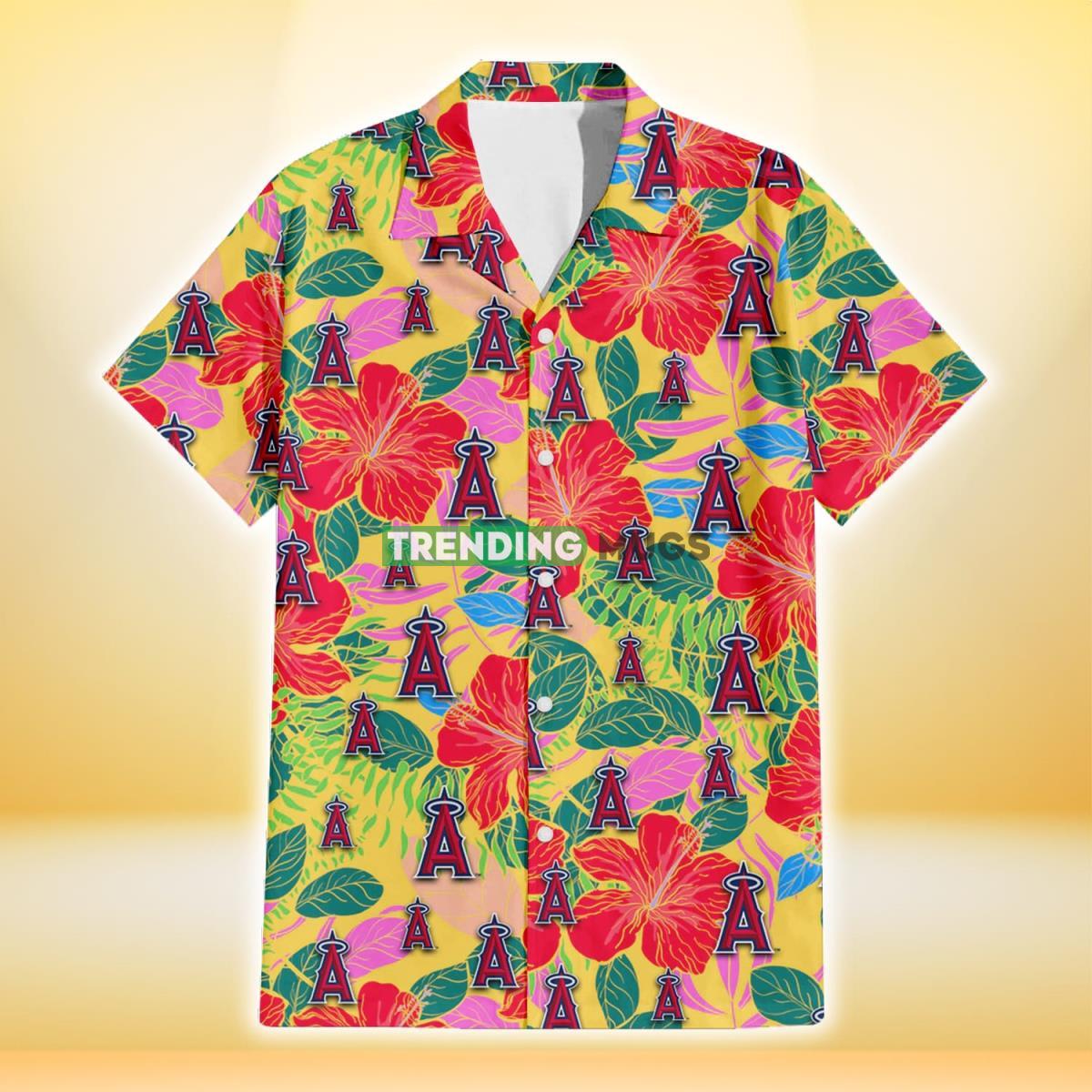 Los Angeles Angels Red Hibiscus Green Blue Leaf Yellow Background 3D Hawaiian Shirt Hawaiian Shirt Los Angeles Angels Red Hibiscus Green Blue Leaf Yellow Background 3D Hawaiian Shirt Hawaiian Shirt