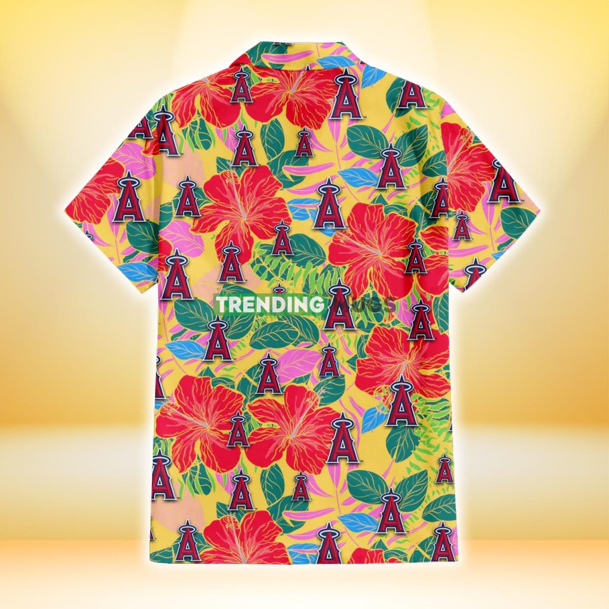 Los Angeles Angels Red Hibiscus Green Blue Leaf Yellow Background 3D Hawaiian Shirt Hawaiian Shirt Los Angeles Angels Red Hibiscus Green Blue Leaf Yellow Background 3D Hawaiian Shirt Hawaiian Shirt