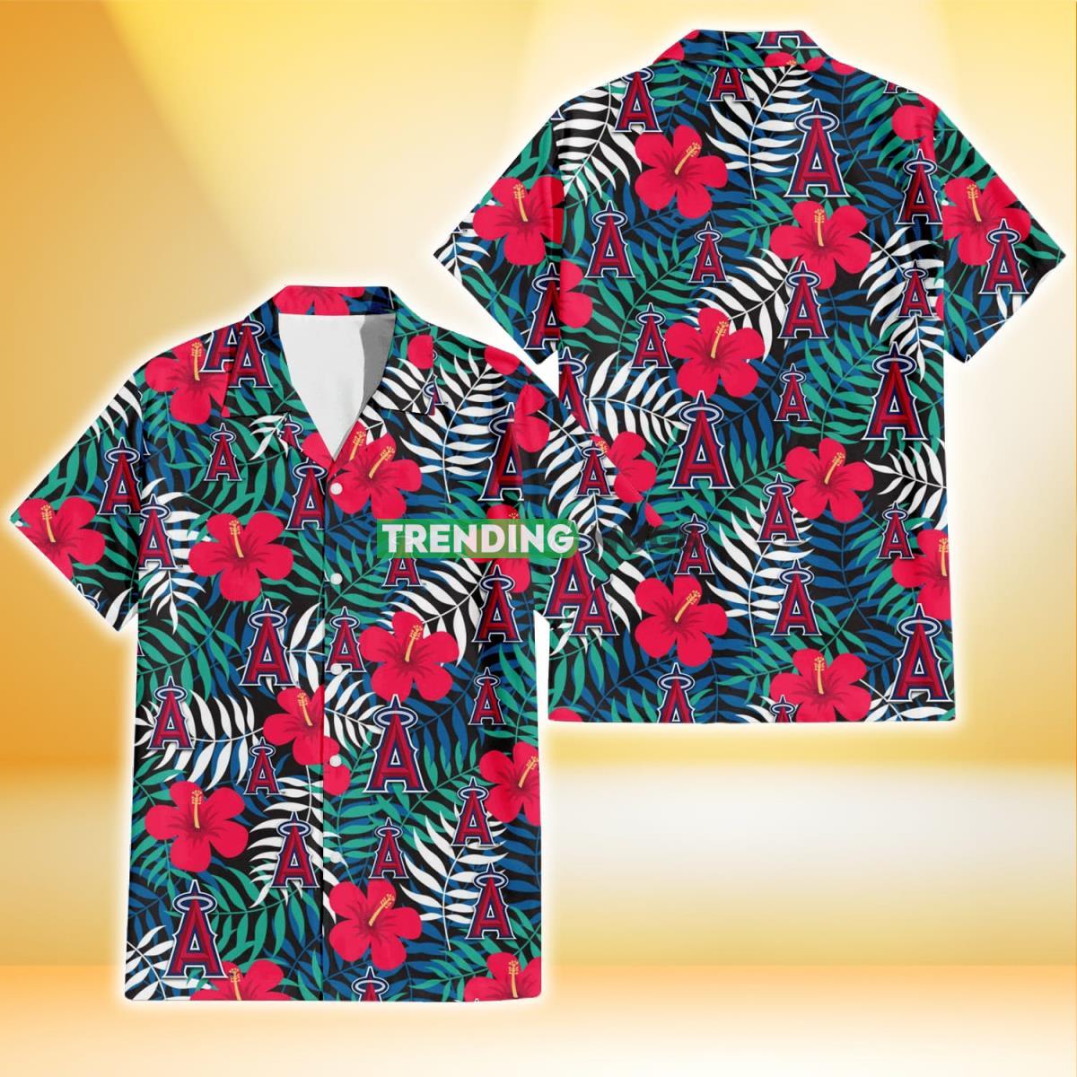 Los Angeles Angels Red Hibiscus Green Blue White Leaf Black Background 3D Hawaiian Shirt Product Photo 1 Los Angeles Angels Red Hibiscus Green Blue White Leaf Black Background 3D Hawaiian Shirt Product Photo 1