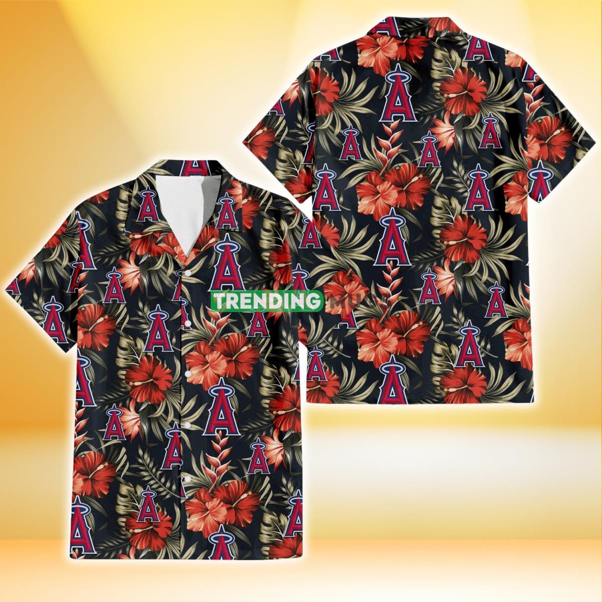 Los Angeles Angels Red Hibiscus Green Leaf Dark Background 3D Hawaiian Shirt Product Photo 1