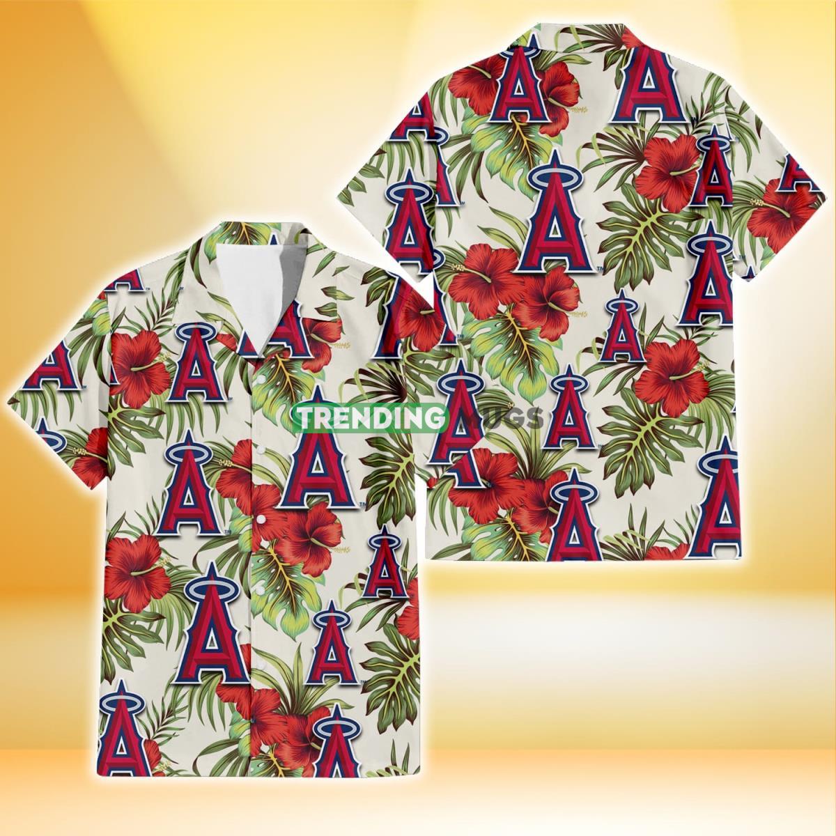 Los Angeles Angels Red Hibiscus Green Tropical Leaf Cream Background 3D Hawaiian Shirt Product Photo 1