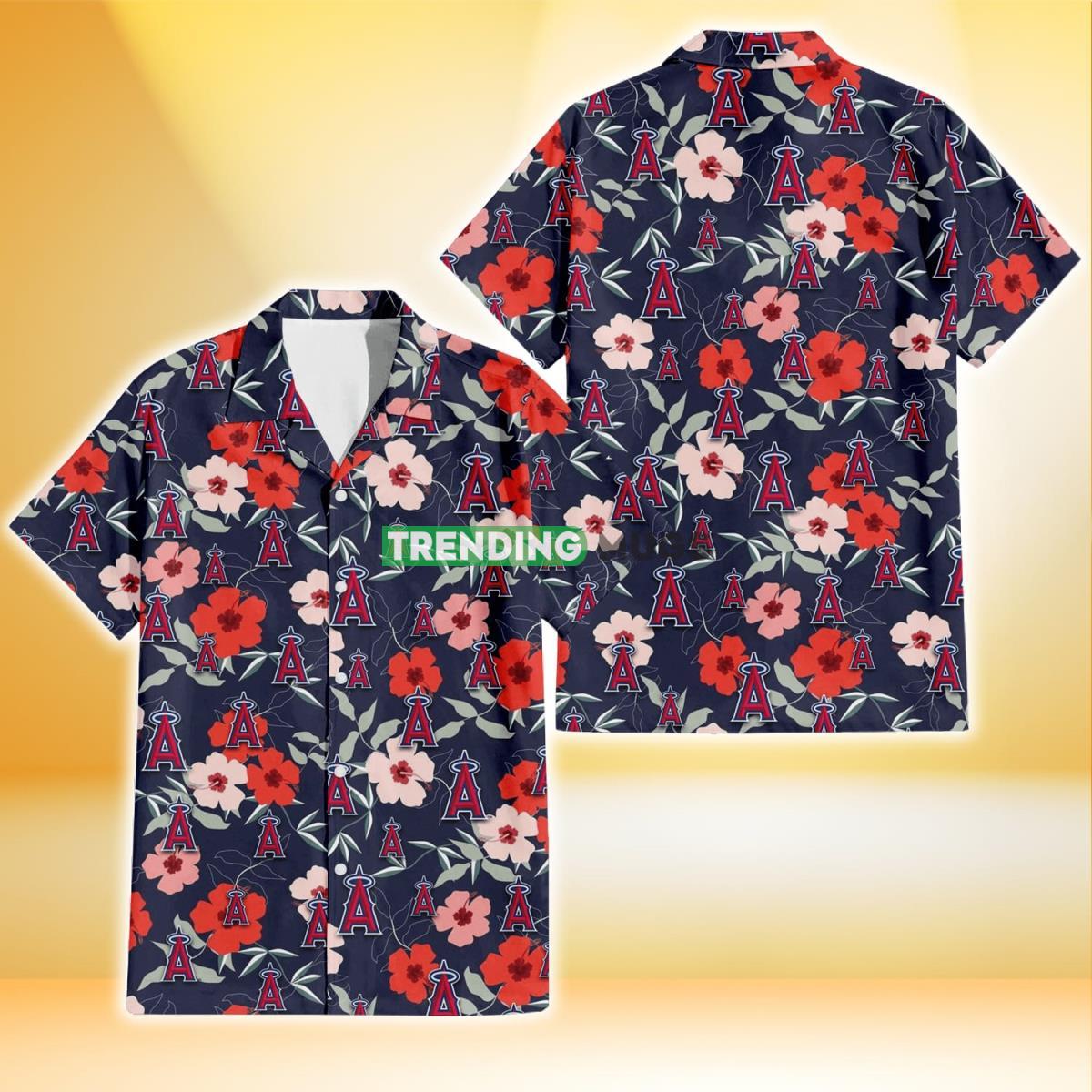 Los Angeles Angels Red Pink White Hibiscus Black Background 3D Hawaiian Shirt Product Photo 1 Los Angeles Angels Red Pink White Hibiscus Black Background 3D Hawaiian Shirt Product Photo 1