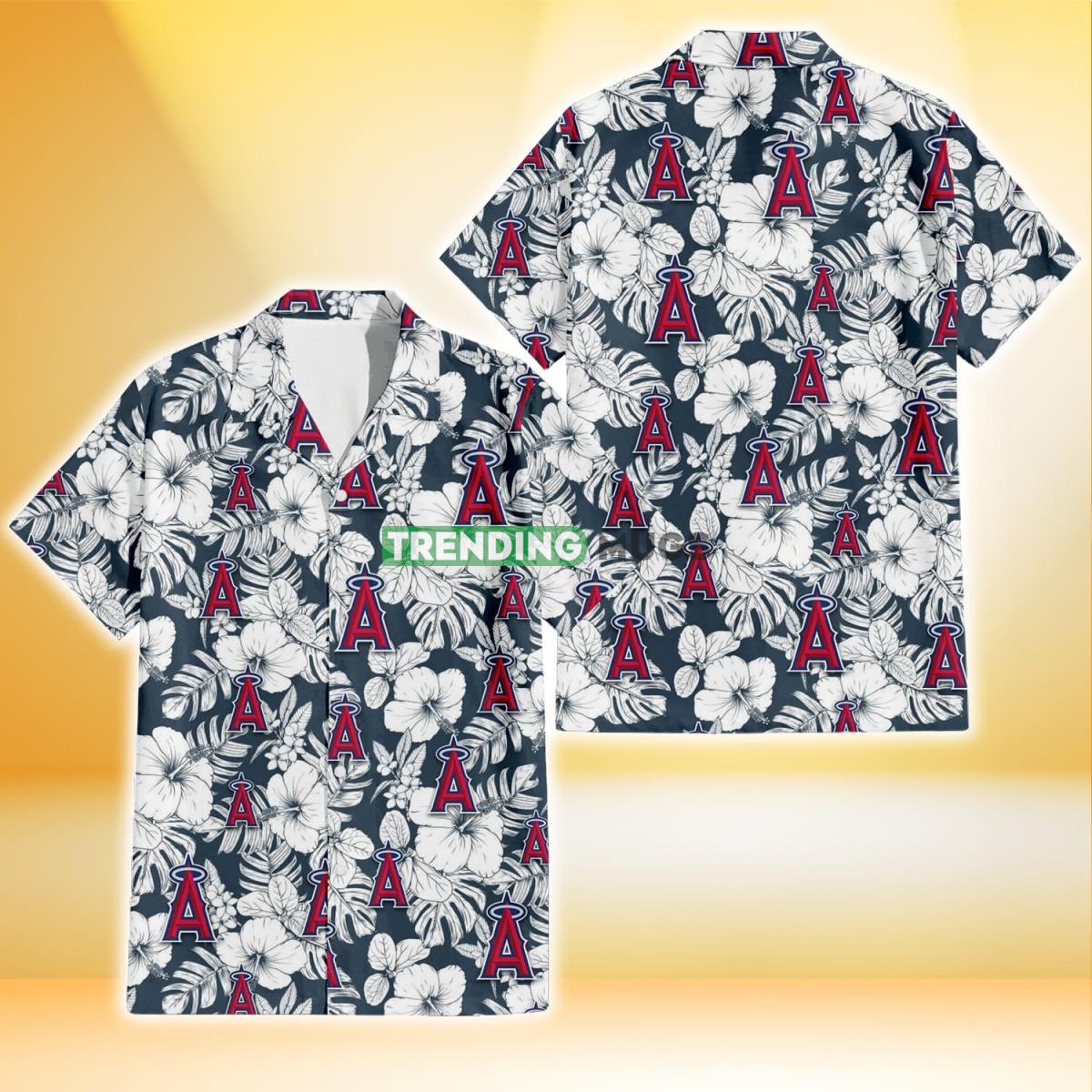 Los Angeles Angels Sketch Hibiscus Leaf Dark Gray Background 3D Hawaiian Shirt Product Photo 1