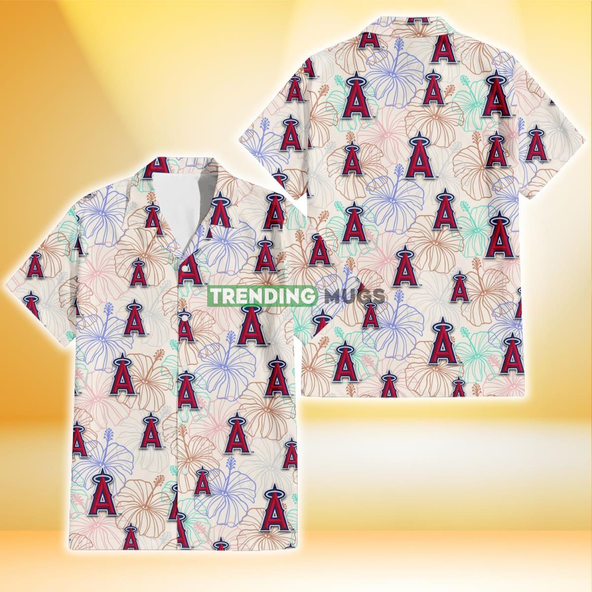 Los Angeles Angels Sketch Pastel Hibiscus Beige Background 3D Hawaiian Shirt Product Photo 1
