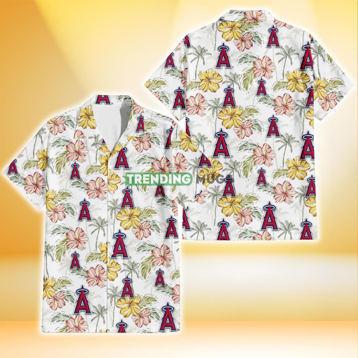 Los Angeles Angels Sketch Red Yellow Coconut Tree White Background 3D Hawaiian Shirt Product Photo 1
