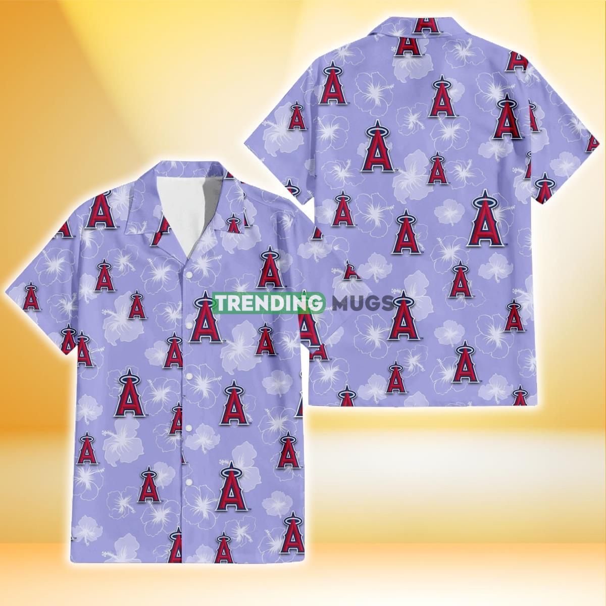 Los Angeles Angels Sketch White Hibiscus Violet Background 3D Hawaiian Shirt Product Photo 1