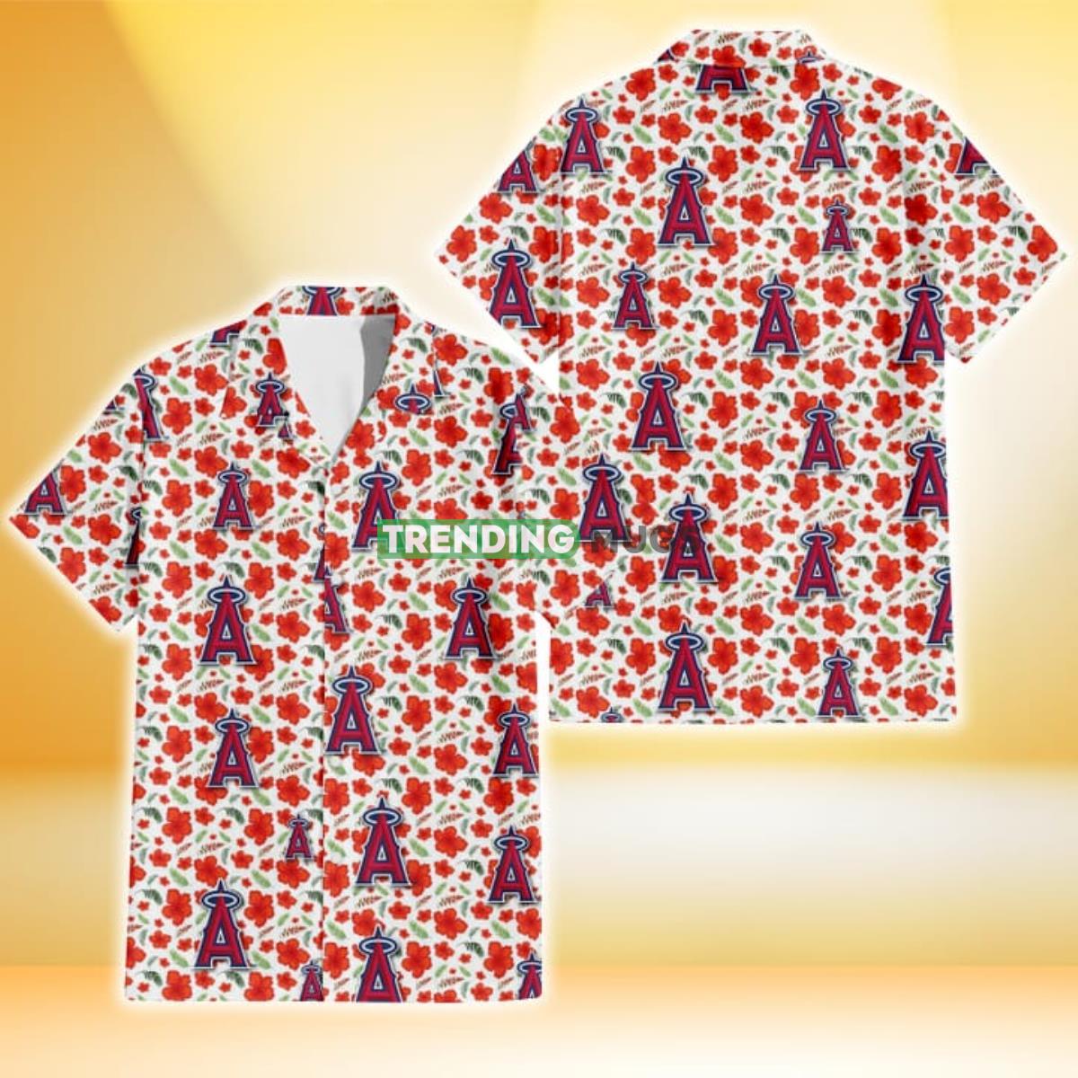 Los Angeles Angels Tiny Red Hibiscus Green Leaf White Cube Background 3D Hawaiian Shirt Product Photo 1