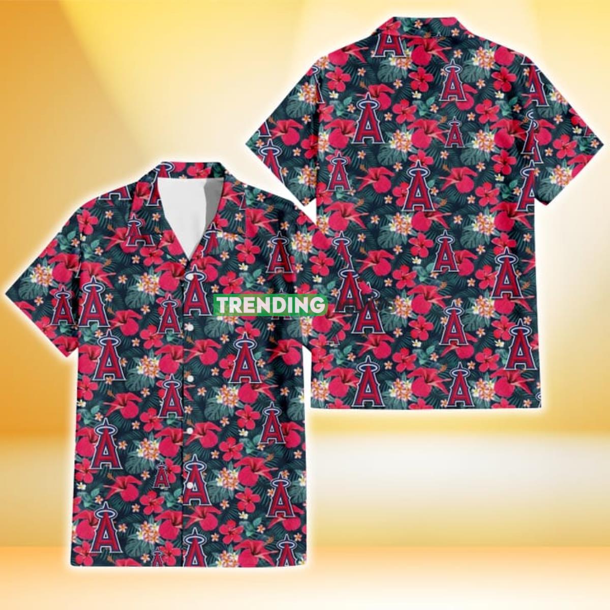 Los Angeles Angels Tiny Red Hibiscus White Porcelain Flower Black Background 3D Hawaiian Shirt Product Photo 1