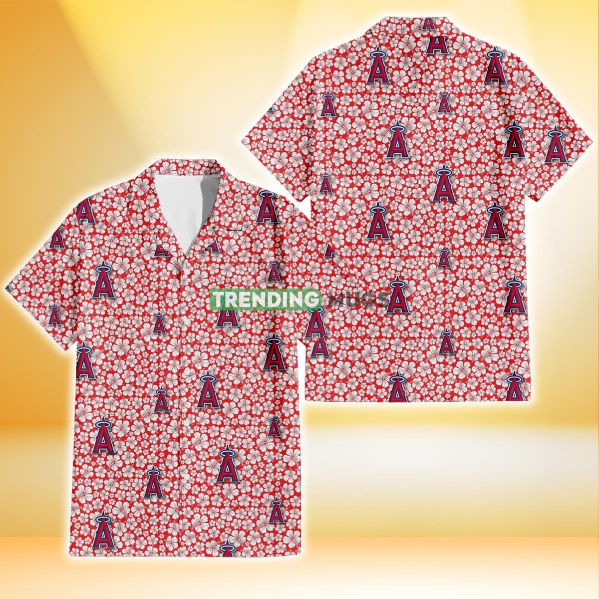Los Angeles Angels Tiny White Hibiscus Pattern Red Background 3D Hawaiian Shirt Product Photo 1