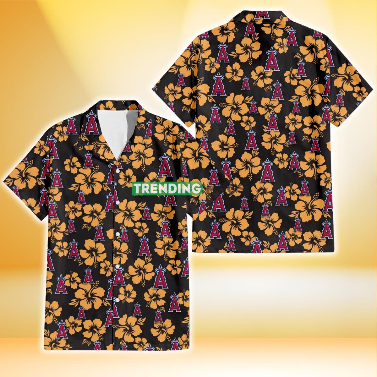 Los Angeles Angels Tiny Yellow Hibiscus Black Background 3D Hawaiian Shirt Product Photo 1
