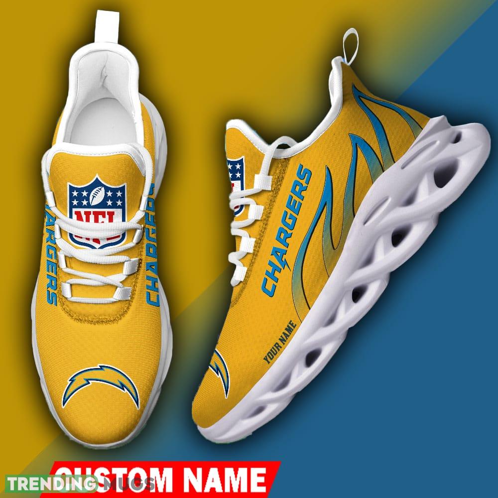 Los Angeles Chargers Custom Name NFL Logo Flame Max Soul Shoes For Men Women Max Soul Los Angeles Chargers Custom Name NFL Logo Flame Max Soul Shoes For Men Women Max Soul