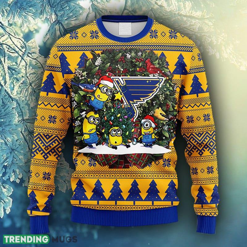 NHL Logo St. Louis Blues Minion Christmas Ugly Sweater For Men Women - NHL St. Louis Blues Minion Christmas Ugly Sweater_1 NHL Logo St. Louis Blues Minion Christmas Ugly Sweater For Men Women - NHL St. Louis Blues Minion Christmas Ugly Sweater_1