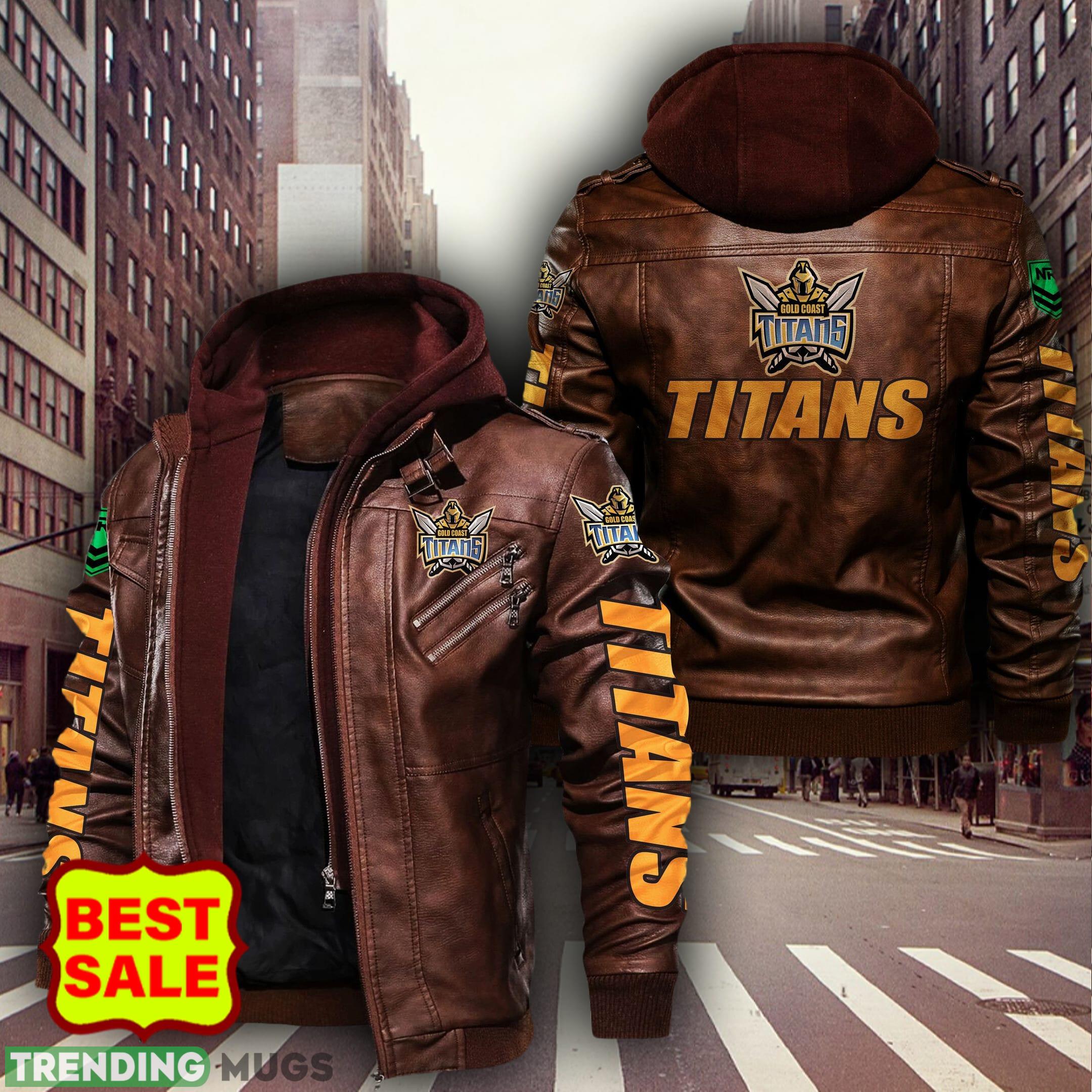 NRL Gold Coast Titans Style 8 Logo Black And Brown Leather Jacket Men Women 2D Leather Jacket NRL Gold Coast Titans Style 8 Logo Black And Brown Leather Jacket Men Women 2D Leather Jacket