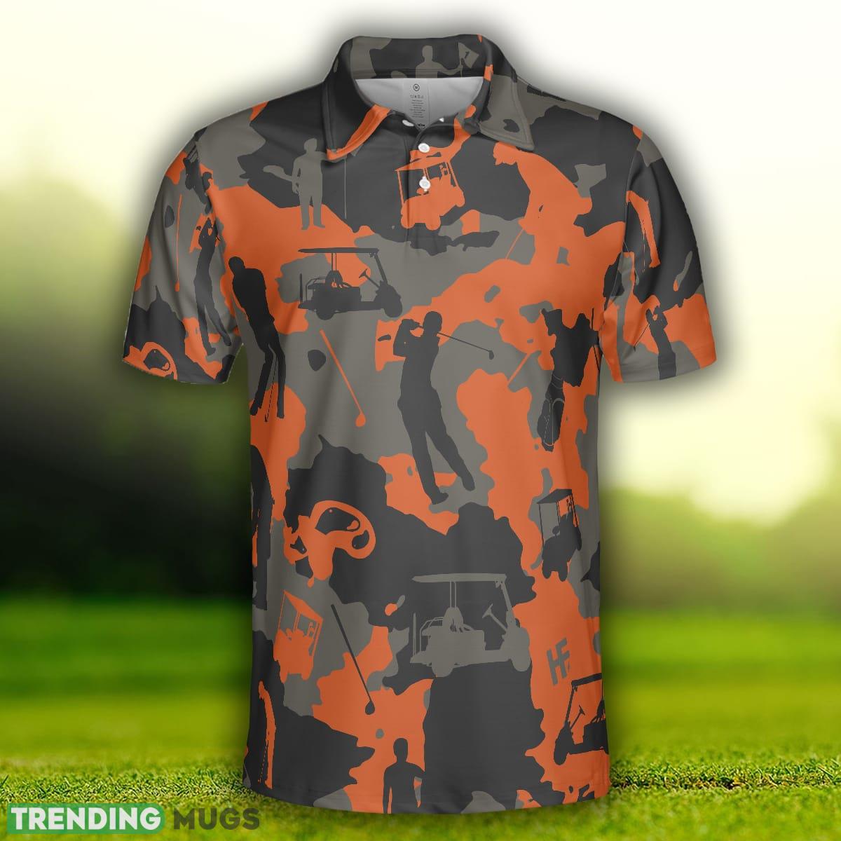 Orange Camouflage Golf, Golfer Silhouette Pattern, Camo Golf Shirt Polo Shirt Polo Shirt Orange Camouflage Golf, Golfer Silhouette Pattern, Camo Golf Shirt Polo Shirt Polo Shirt
