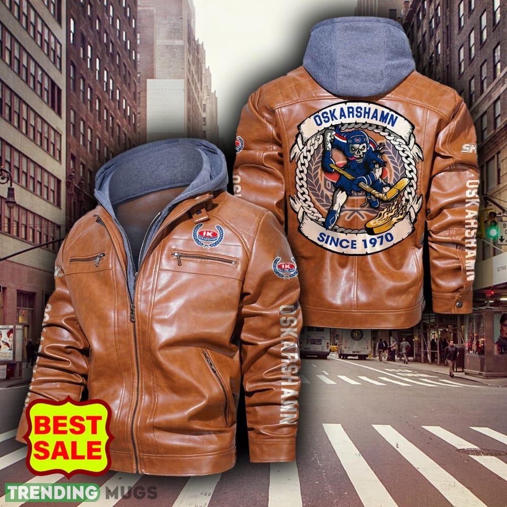 SHL Hockey Teams IK Oskarshamn Logo Brown And Black Leather Jacket For Men And Women 2D Leather Jacket SHL Hockey Teams IK Oskarshamn Logo Brown And Black Leather Jacket For Men And Women 2D Leather Jacket