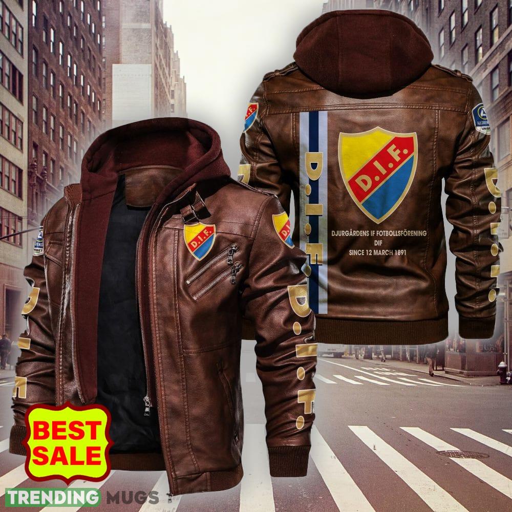 Swedish Fotbollsallsvenskan Djurgårdens IF Fotbollsförening Style 6 Logo Brown And Black Leather Jacket For Fans 2D Leather Jacket Swedish Fotbollsallsvenskan Djurgårdens IF Fotbollsförening Style 6 Logo Brown And Black Leather Jacket For Fans 2D Leather Jacket
