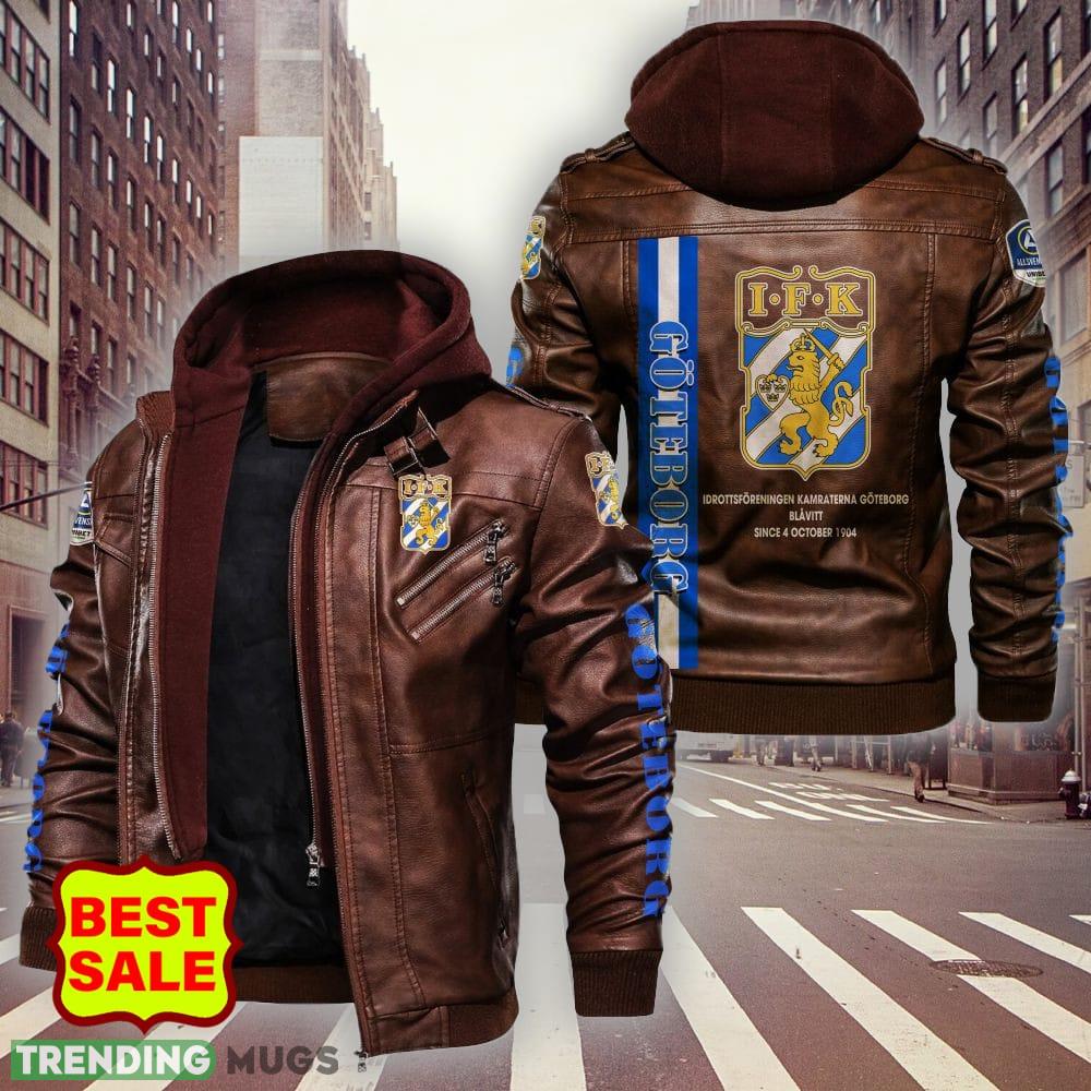 Swedish Fotbollsallsvenskan IFK Göteborg Design 3 Teams Logo Brown And Black Leather Jacket 2D Leather Jacket Swedish Fotbollsallsvenskan IFK Göteborg Design 3 Teams Logo Brown And Black Leather Jacket 2D Leather Jacket
