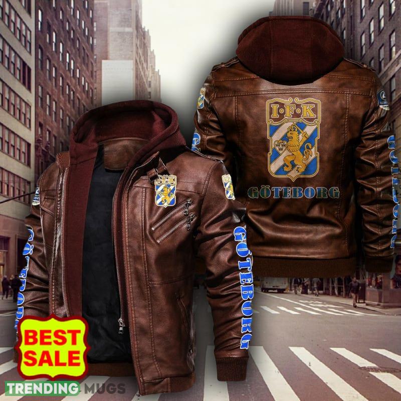 Swedish Fotbollsallsvenskan IFK Göteborg Style 5 Logo Brown And Black Leather Jacket For Fans 2D Leather Jacket Swedish Fotbollsallsvenskan IFK Göteborg Style 5 Logo Brown And Black Leather Jacket For Fans 2D Leather Jacket