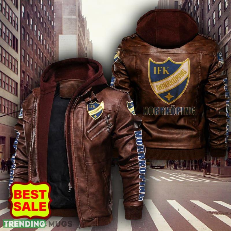 Swedish Fotbollsallsvenskan IFK Norrköping Design 2 Teams Logo Brown And Black Leather Jacket 2D Leather Jacket Swedish Fotbollsallsvenskan IFK Norrköping Design 2 Teams Logo Brown And Black Leather Jacket 2D Leather Jacket