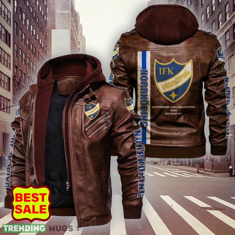 Swedish Fotbollsallsvenskan IFK Norrköping Style 4 Logo Brown And Black Leather Jacket For Fans 2D Leather Jacket Swedish Fotbollsallsvenskan IFK Norrköping Style 4 Logo Brown And Black Leather Jacket For Fans 2D Leather Jacket
