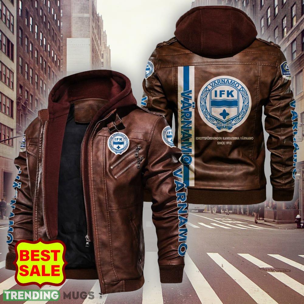 Swedish Fotbollsallsvenskan IFK Värnamo Design 9 Teams Logo Brown And Black Leather Jacket 2D Leather Jacket Swedish Fotbollsallsvenskan IFK Värnamo Design 9 Teams Logo Brown And Black Leather Jacket 2D Leather Jacket