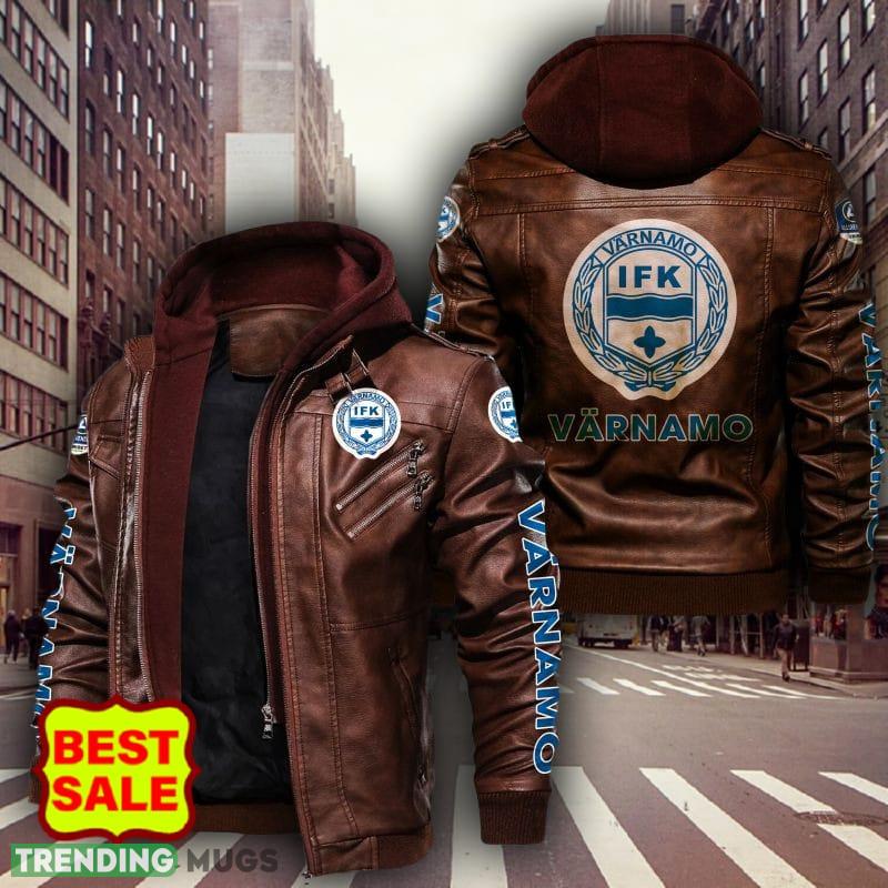 Swedish Fotbollsallsvenskan IFK Värnamo Style 3 Logo Brown And Black Leather Jacket For Fans 2D Leather Jacket Swedish Fotbollsallsvenskan IFK Värnamo Style 3 Logo Brown And Black Leather Jacket For Fans 2D Leather Jacket
