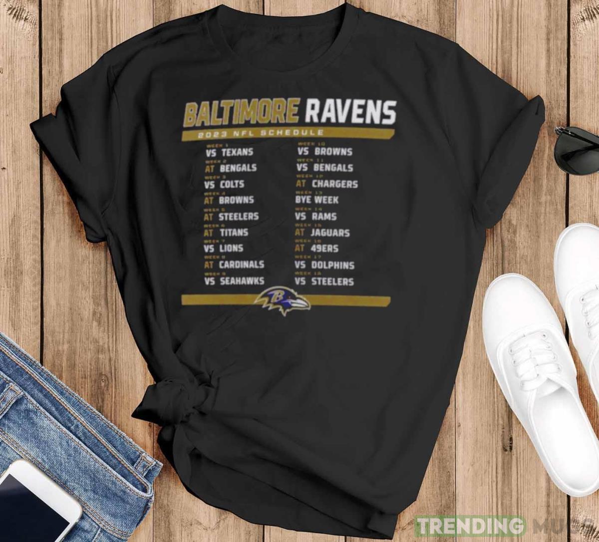 Baltimore Ravens 2023 NFL Schedule T Shirt - Black T-Shirt Baltimore Ravens 2023 NFL Schedule T Shirt - Black T-Shirt