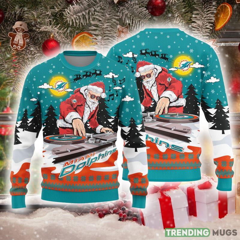 Miami Dolphins Christmas Funny DJ Santa Knitted Ugly Christmas Sweater AOP Gift For Men And Women - Miami Dolphins Christmas Funny DJ Santa Knitted Ugly Christmas Sweater AOP Gift For Men And Women