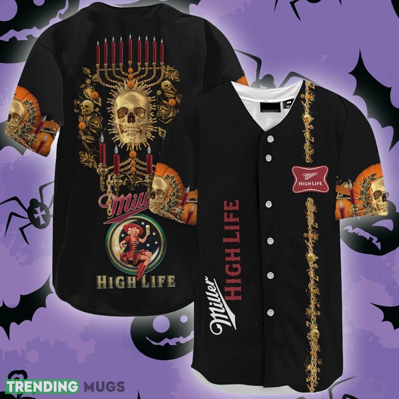 Miller High Life Golden Skull And Pumpkin Baseball Jersey Shirt - Miller High Life Golden Skull And Pumpkin Baseball Jersey Shirt