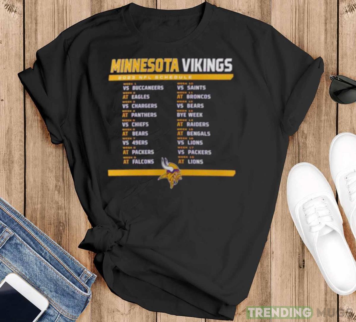 Minnesota Vikings 2023 NFL Schedule T Shirt - Black T-Shirt Minnesota Vikings 2023 NFL Schedule T Shirt - Black T-Shirt