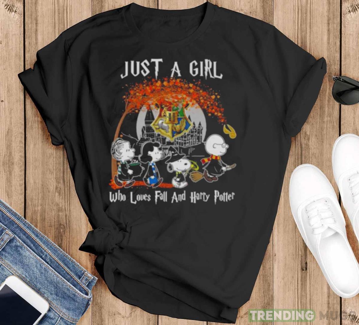 Peanuts Characters Just A Girl Who Loves Fall And Harry Potter 2023 T shirt - Black T-Shirt Peanuts Characters Just A Girl Who Loves Fall And Harry Potter 2023 T shirt - Black T-Shirt