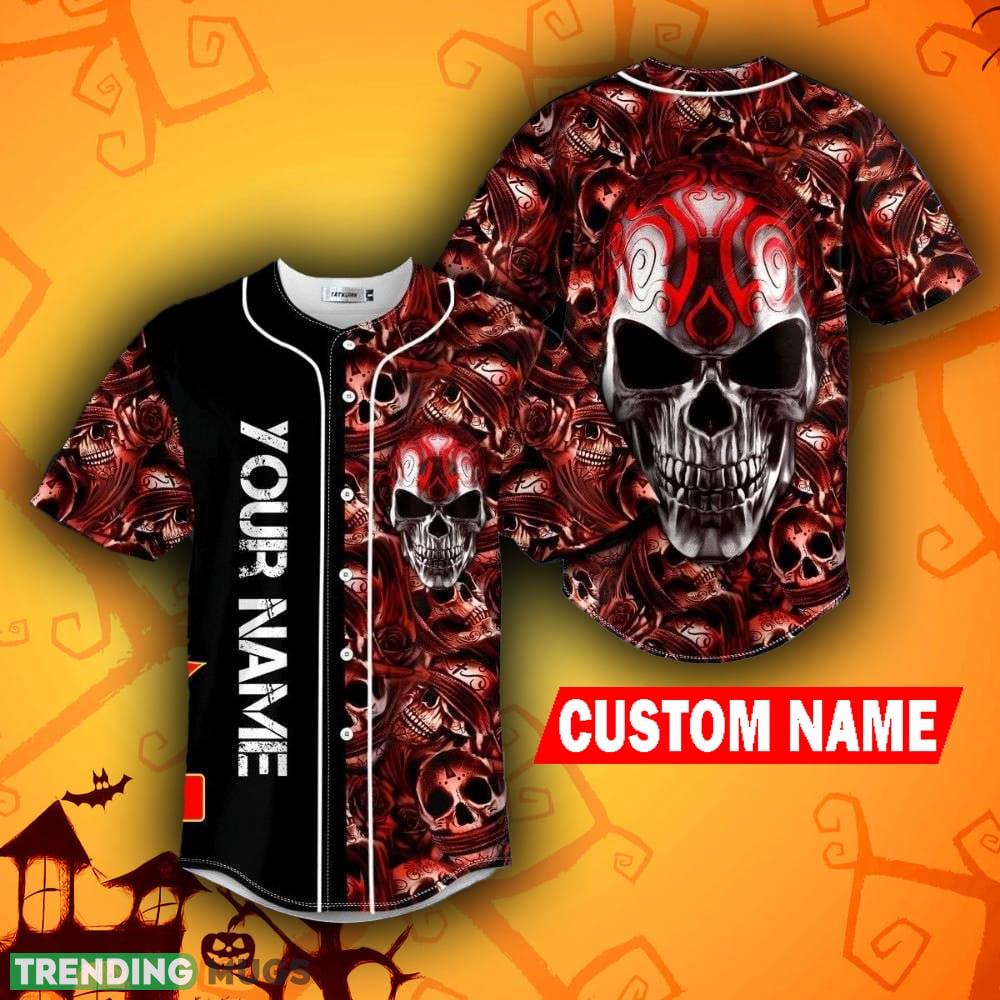 Red Metal Tribal Halloween Skull Baseball Jersey Shirt Custom Name - Red Metal Tribal Halloween Skull Baseball Jersey Shirt Custom Name Red Metal Tribal Halloween Skull Baseball Jersey Shirt Custom Name - Red Metal Tribal Halloween Skull Baseball Jersey Shirt Custom Name
